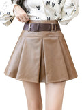 QOERLIN PU Leather Shorts Skirts with Belt Women Korean Fashion Side Zipper Pleated Skirts Streetwear Black Khaki Mini Skirts