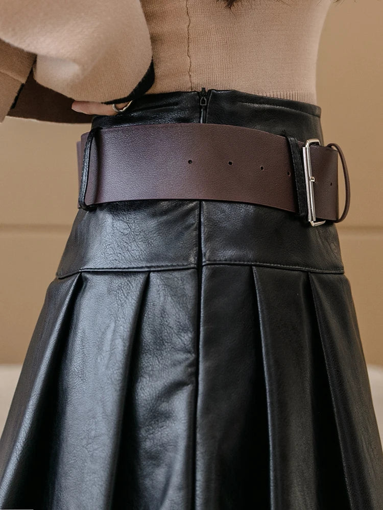 QOERLIN PU Leather Shorts Skirts with Belt Women Korean Fashion Side Zipper Pleated Skirts Streetwear Black Khaki Mini Skirts