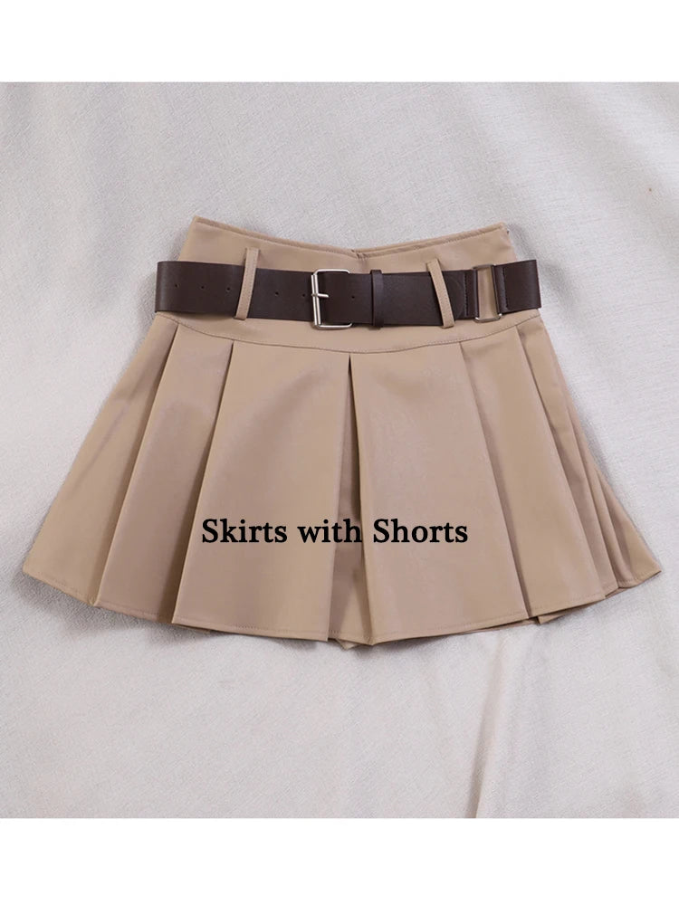 QOERLIN PU Leather Shorts Skirts with Belt Women Korean Fashion Side Zipper Pleated Skirts Streetwear Black Khaki Mini Skirts